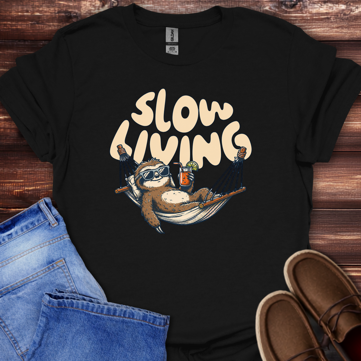 Black "Slow Living" sloth graphic t-shirt, casual unisex tee