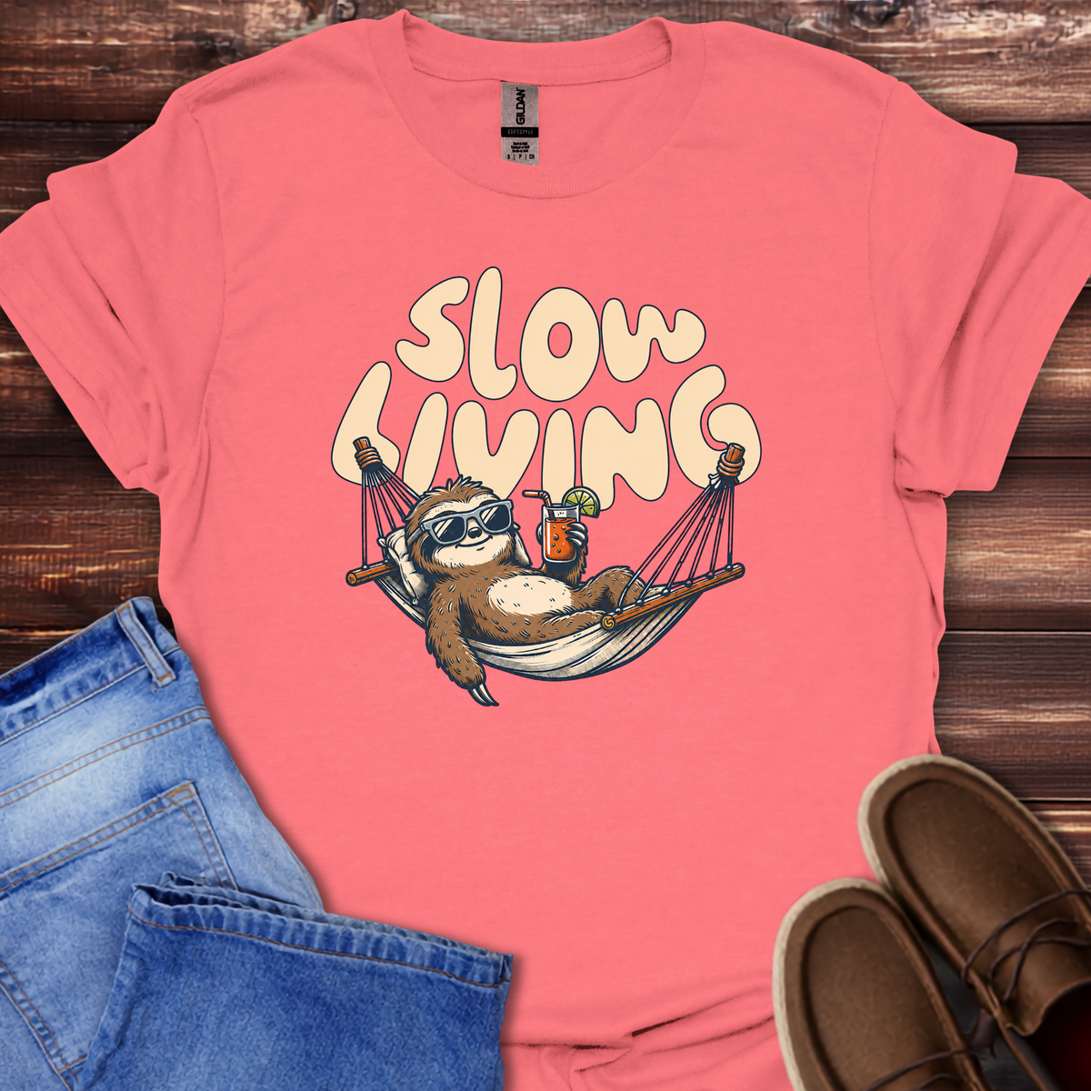 Coral silk "Slow Living" sloth graphic t-shirt, casual unisex tee