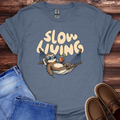 Heather indigo "Slow Living" sloth graphic t-shirt, casual unisex tee