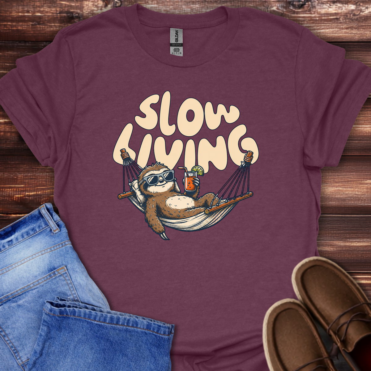 Heather maroon "Slow Living" sloth graphic t-shirt, casual unisex tee