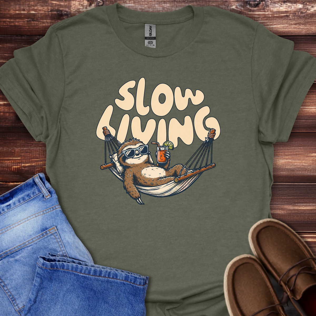 Heather Military "Slow Living" sloth graphic t-shirt, casual unisex tee
