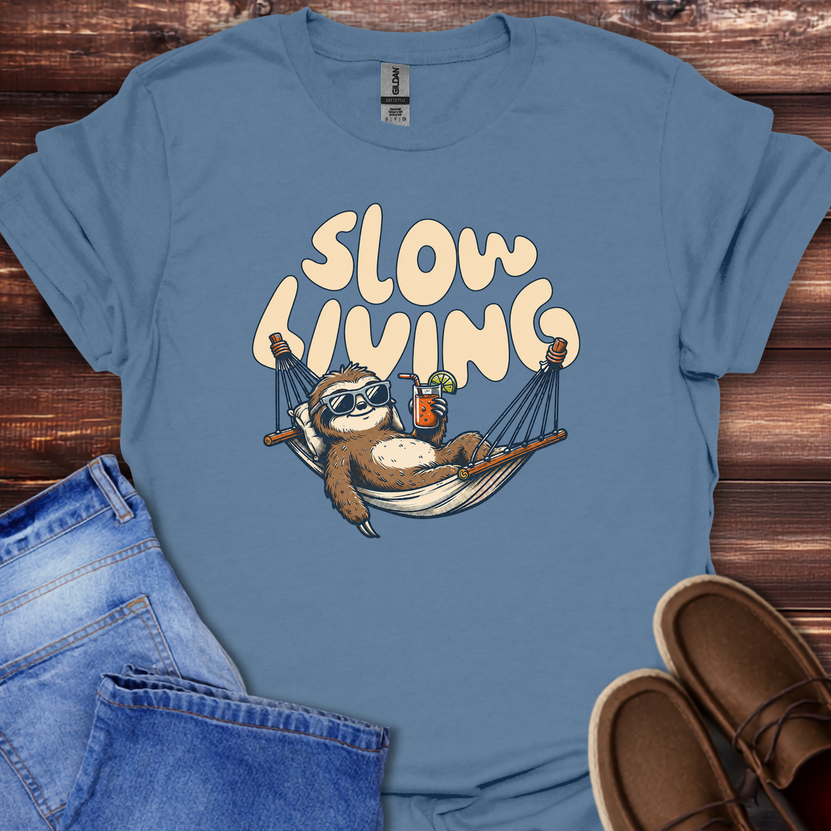 Indigo blue "Slow Living" sloth graphic t-shirt, casual unisex tee