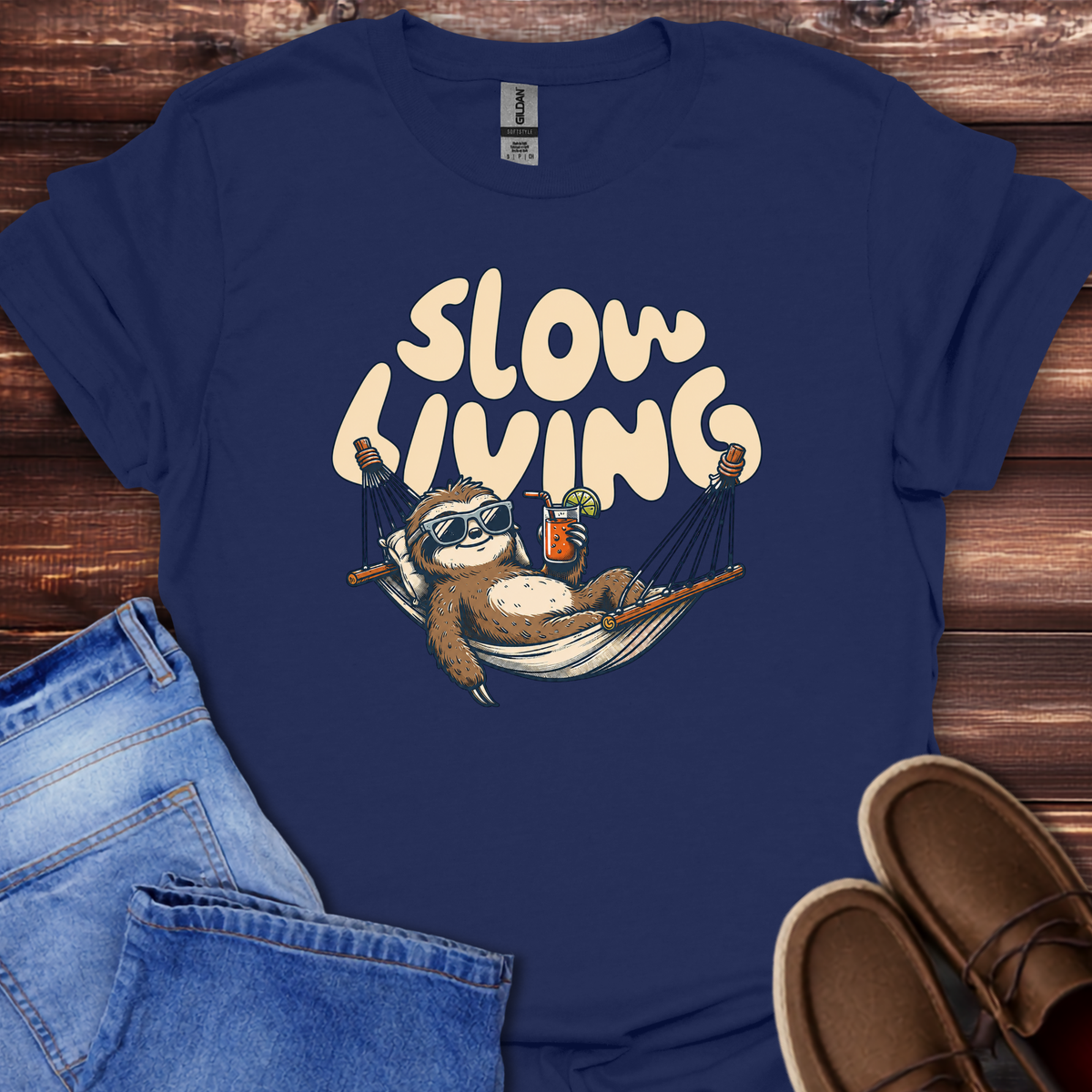Navy "Slow Living" sloth graphic t-shirt, casual unisex tee