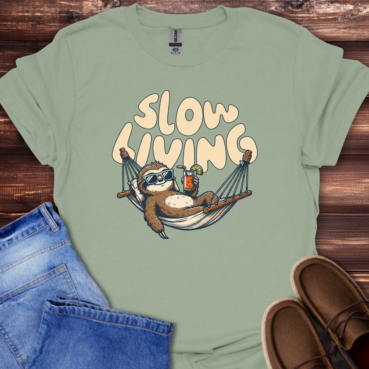 Sage "Slow Living" sloth graphic t-shirt, casual unisex tee