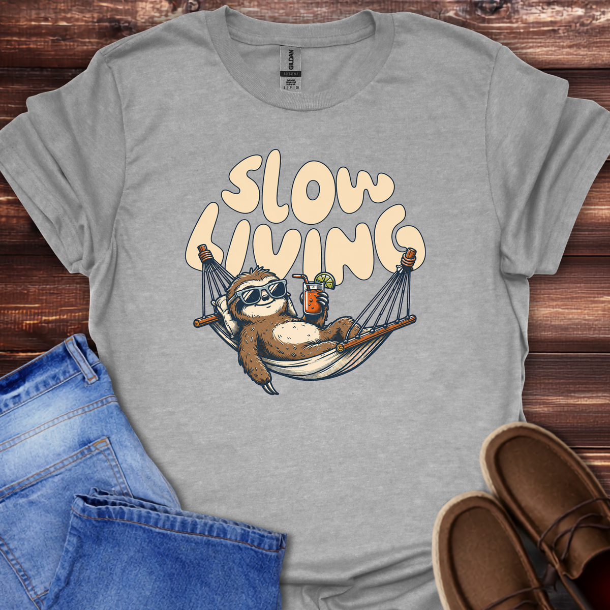 Sport gray"Slow Living" sloth graphic t-shirt, casual unisex tee