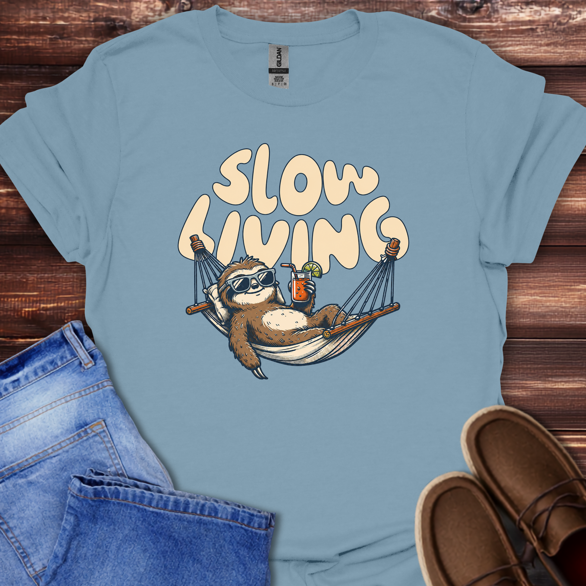Stone blue "Slow Living" sloth graphic t-shirt, casual unisex tee