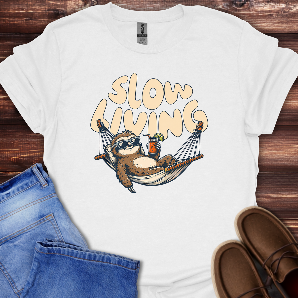 White "Slow Living" sloth graphic t-shirt, casual unisex tee